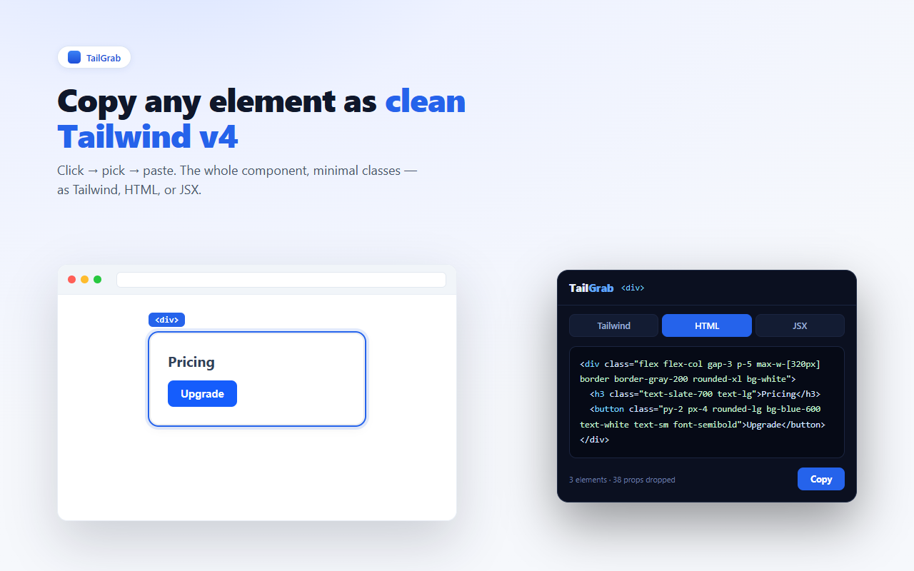 TailGrab — copy any element as clean Tailwind v4