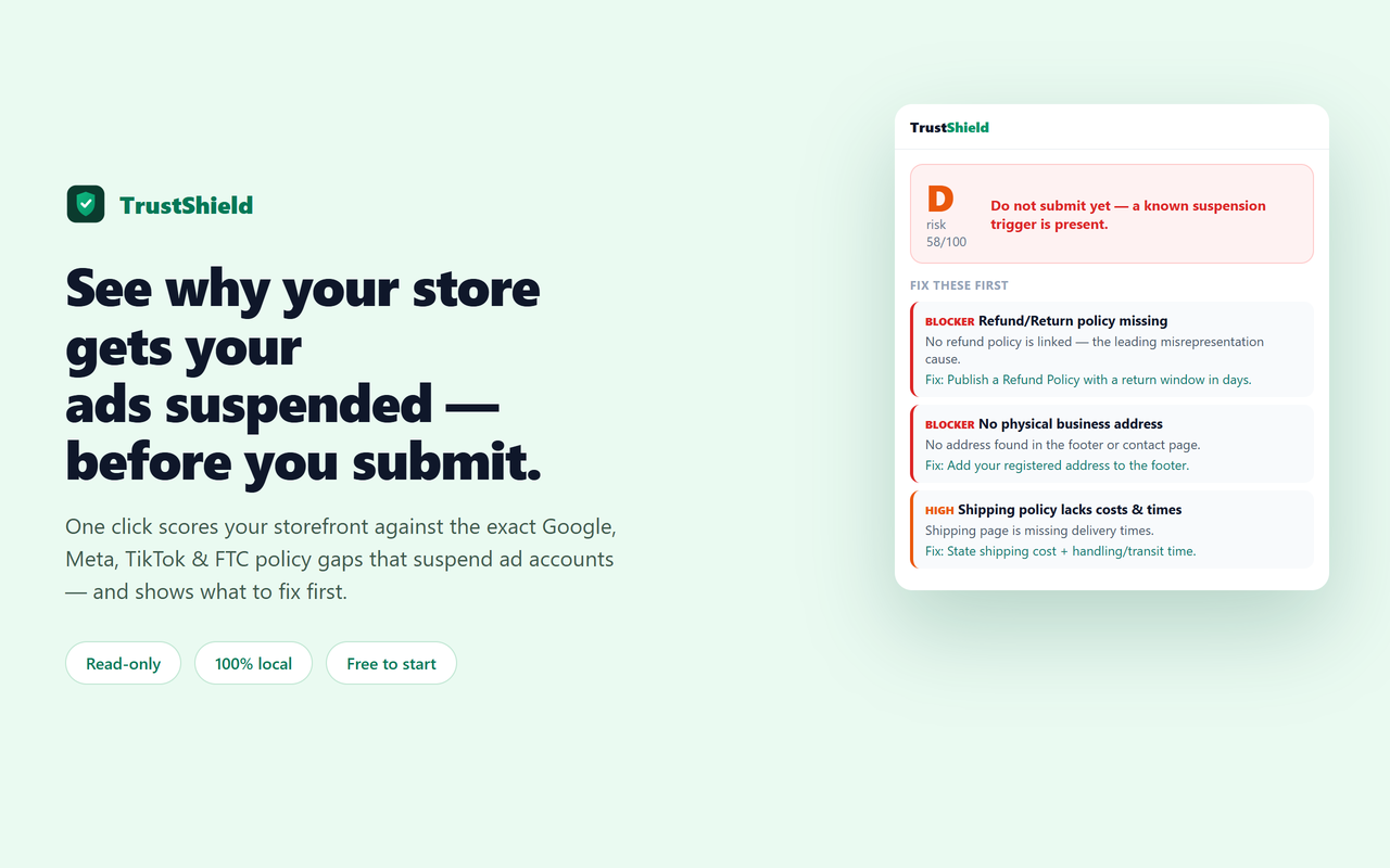 TrustShield panel showing a storefront risk grade of D, a 'do not submit yet' banner, and the top fixes to make before submitting for ad review